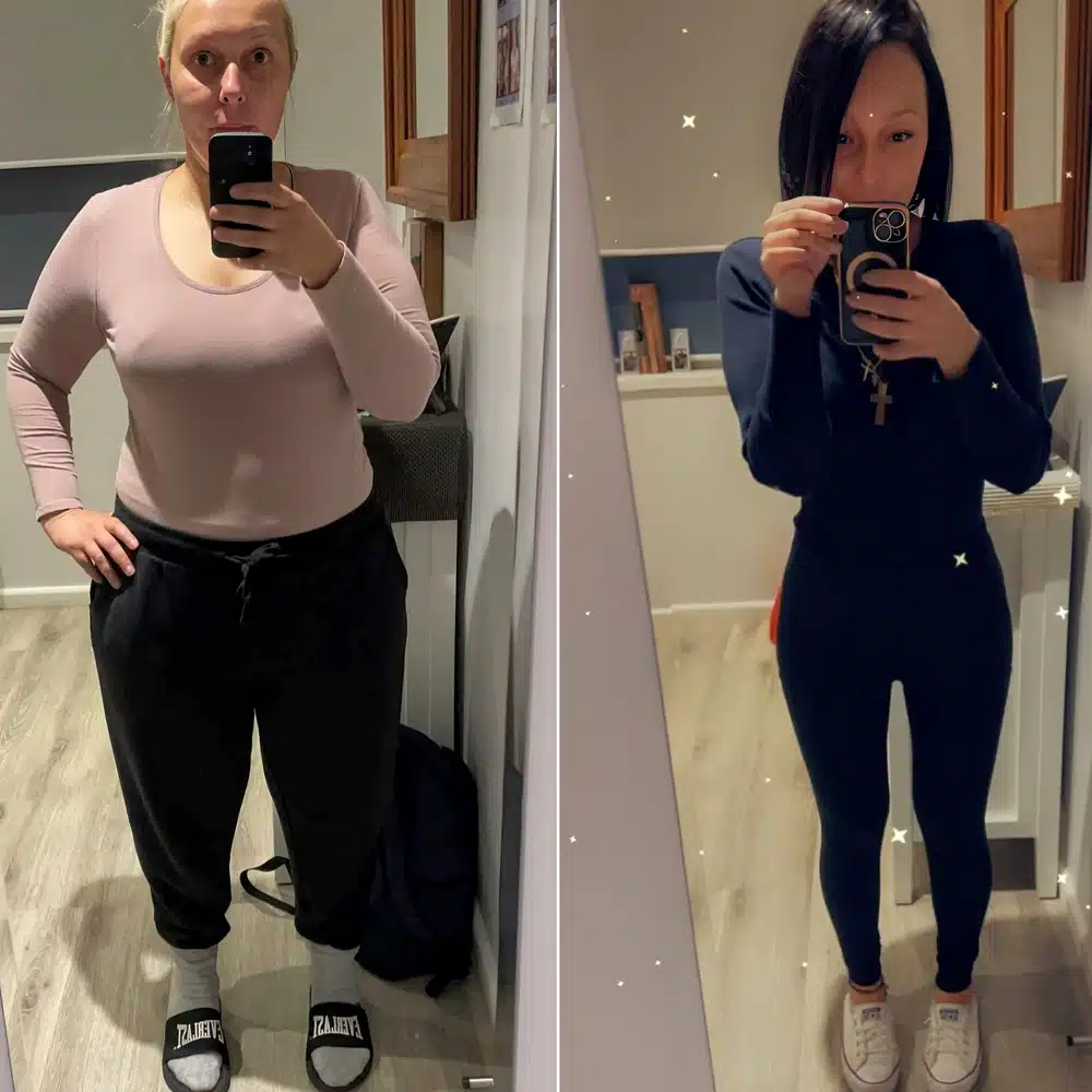 A side-by-side comparison shows a woman taking mirror selfies before and after her transformation. This image perfectly captures weight loss success stories Australia, showcasing her slimmer look in stylish outfits.