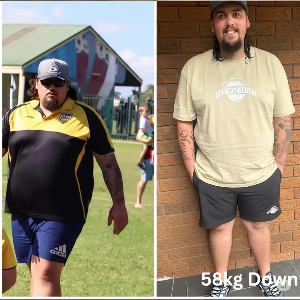 A side-by-side comparison shows a man before and after his transformation, highlighting remarkable weight loss success stories Australia. On the left, he’s heavier in sportswear; on the right, noticeably slimmer in casual clothes with "58kg Down" at the bottom.
