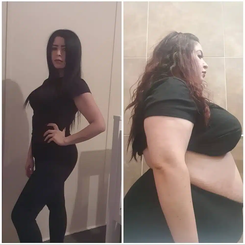 Side-by-side photos of a woman showcase her transformation. Left: She is slimmer, standing confidently in black clothing. Right: She appears heavier, in profile, with visible midriff—one of many inspiring weight loss success stories Australia offers.